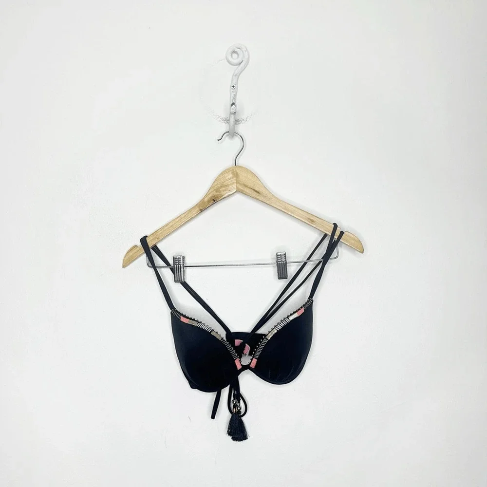 Y2K 00s VICTORIA'S SECRET THE GORGEOUS Push Up Bikini Tassel Black Underwire 34B - Picture 1 of 6